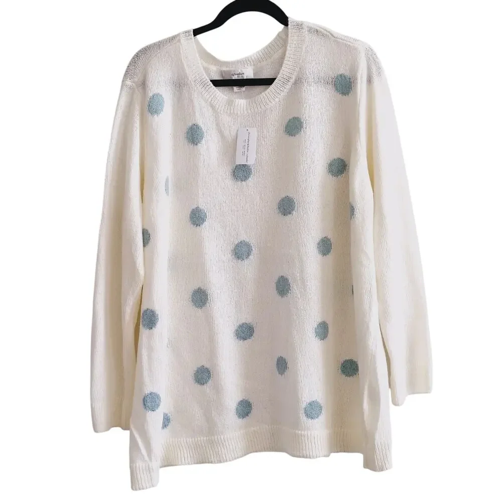CJ Banks Women Plus Size 3x White Blue Polka Dot Knit Sweater NEW Soft Whimsy